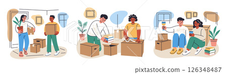 Flat cartoon collection of moving scenes. People pack boxes, carry furniture, unpack in new home, relax after relocation, celebrate housewarming vector illiustration. Man and woman in cozy interior 126348487