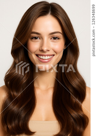 A captivating close-up portrait of a young woman with luscious, wavy brown hair A captivating close-up portrait of a young woman with luscious, wavy brown hair 126348699