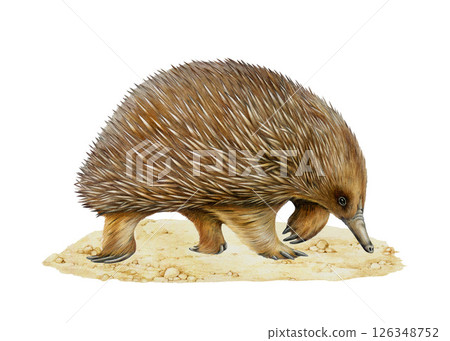 Echidna Australian native animal standing on the ground side view. Cute hand drawn echidna vintage style painted watercolor illustration. Tachyglossidae Australia endemic mammal on white background Echidna Australian native animal standing on the ground side view. Cute hand drawn echidna vintage style painted watercolor illustration. Tachyglossidae Australia endemic mammal on white background 126348752