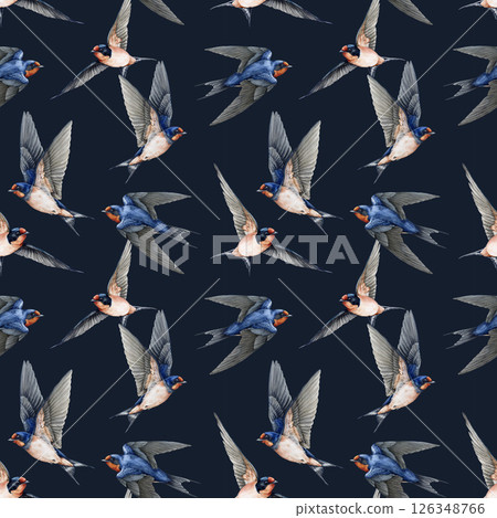 Flying swallow birds seamless pattern element. Watercolor illustration. Cute barn swallow various poses with spread wings on dark background. Wildlife flying martin birds vintage style bright decor Flying swallow birds seamless pattern element. Watercolor illustration. Cute barn swallow various poses with spread wings on dark background. Wildlife flying martin birds vintage style bright decor 126348766