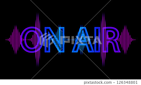 An illuminated ON AIR sign with a glowing red dot and colorful soundwave graphic on a black background, indicating a live broadcast An illuminated ON AIR sign with a glowing red dot and colorful soundwave graphic on a black background, indicating a live broadcast 126348801