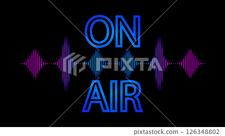 An illuminated ON AIR sign with a glowing red dot and colorful soundwave graphic on a black background, indicating a live broadcast An illuminated ON AIR sign with a glowing red dot and colorful soundwave graphic on a black background, indicating a live broadcast 126348802