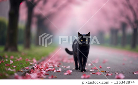 一隻黑貓在櫻花飄落的春天公園散步 126348974