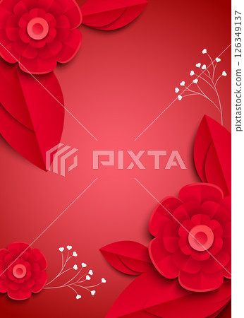 Paper craft style illustration of abstract red flowers (roses, camellias, peonies, etc.) | Background material art series Paper craft style illustration of abstract red flowers (roses, camellias, peonies, etc.) | Background material art series 126349137