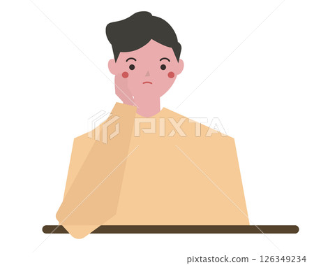 一名男子靠在手肘上，看起來很無聊。一名男子坐著憂心忡忡。向量插圖 126349234