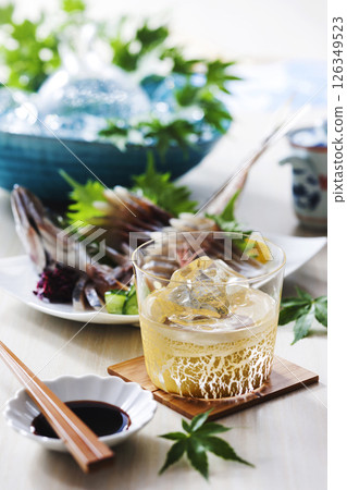 Shochu and Horse Mackerel Sashimi Shochu and Horse Mackerel Sashimi 126349523