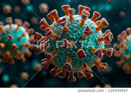 Microscopic view showcasing virus particles in a highly detailed 3D rendering. 126349567
