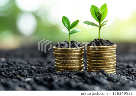 A tiny tree sprouting on top of coin stacks represents saves, investment, and financial expansion against a conceptually vibrant backdrop. A tiny tree sprouting on top of coin stacks represents saves, investment, and financial expansion against a conceptually vibrant backdrop. 126349581