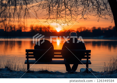 Lonely Old Man in Park Sitting on a bench by a sunlight flare lake. 126349584