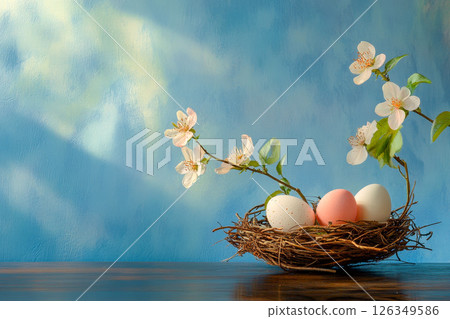 Colorful Easter eggs in basket on tabletop, .happy Easter day concept. Space for text. 126349586