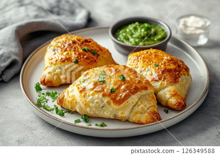 Crispy onion samosa with a golden flaky crust. 126349588