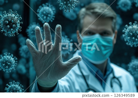 doctor with mask shows his hand to stop the virus. symbolizing the fight against the virus. 126349589