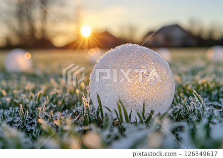 Hail stone on a grass field after storm. generative ai 126349617