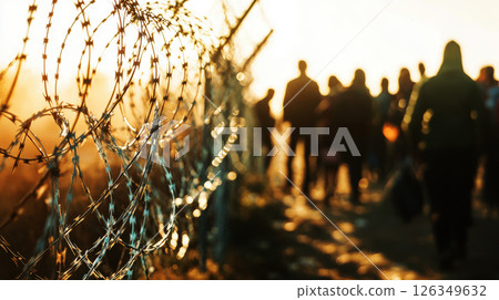 The barrier represents the struggles faced by migrants seeking refuge. 126349632