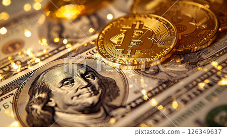 Golden symbolic coin Bitcoin on banknotes of one hundred dollars. Exchange bitcoin cash for a dollars. 126349637