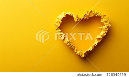 a rainbow heart shape made from torn paper. The heart is yellow. The flag is made of paper and has a rainbow pattern. 126349639