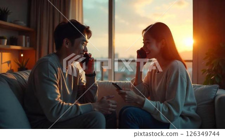 一對年輕夫婦在他們面前打電話 126349744