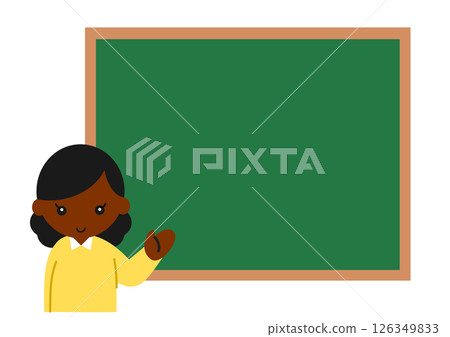 A black woman posing as a guide in front of a blackboard A black woman posing as a guide in front of a blackboard 126349833