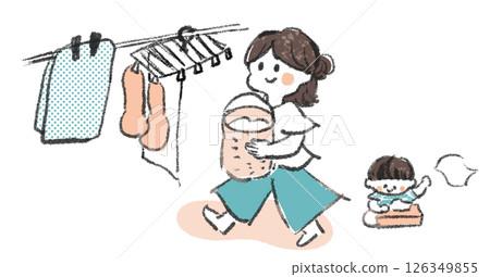 一位母親正在晾衣服,而一個孩子正在惡作劇的插圖 一位母親正在晾衣服,而一個孩子正在惡作劇的插圖 126349855