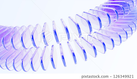 3d background with glass holographic rectangular plates rows. Abstract wave curve pattern. Transparent rectangle shapes with rounded corners, light purple gradient and motion effect. 3D illustration 126349921