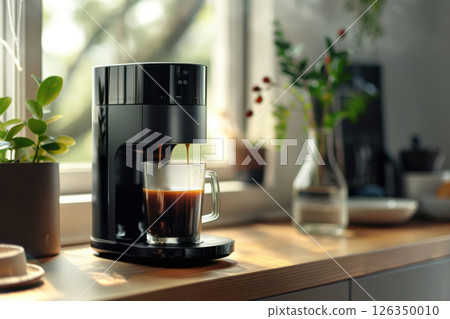 Freshly brewed coffee from machine, showcasing brewing process Freshly brewed coffee from machine, showcasing brewing process 126350010