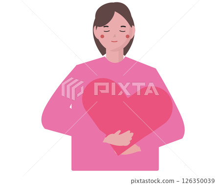 一個女人輕輕地擁抱著她的心臟。心境平和。向量插圖 126350039