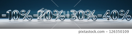 3d crystal glass transparent discount figures set. Water font liquid sale numbers, clear balloon minus 10, 20, 30, 40 percent price off, promo design on white blue gradient background. 3D illustration 126350109