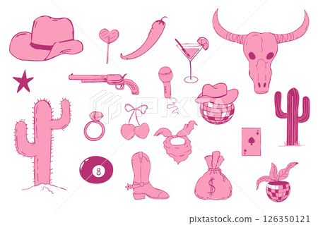 Wild west coquette y2k bachelorette cowgirl party collection, western pink rodeo doodle with retro disco elements. Hat, heart and boots. 126350121