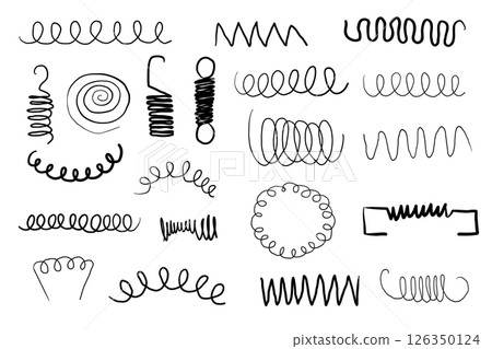Metal coil spiral bounce metal line hand drawn doodle. Slinky or wire flexible spring. Set curly wavy twisted shape. Metal coil spiral bounce metal line hand drawn doodle. Slinky or wire flexible spring. Set curly wavy twisted shape. 126350124