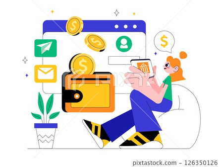 Mobile Banking Vector Illustration featuring a Wallet App for Payment via Phone and Wireless Cash Transactions using Credit and Debit Cards Background Mobile Banking Vector Illustration featuring a Wallet App for Payment via Phone and Wireless Cash Transactions using Credit and Debit Cards Background 126350126