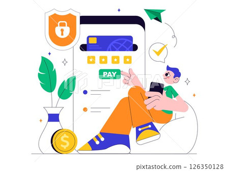Mobile Banking Vector Illustration featuring a Wallet App for Payment via Phone and Wireless Cash Transactions using Credit and Debit Cards Background Mobile Banking Vector Illustration featuring a Wallet App for Payment via Phone and Wireless Cash Transactions using Credit and Debit Cards Background 126350128