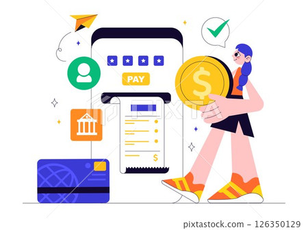Mobile Banking Vector Illustration featuring a Wallet App for Payment via Phone and Wireless Cash Transactions using Credit and Debit Cards Background 126350129