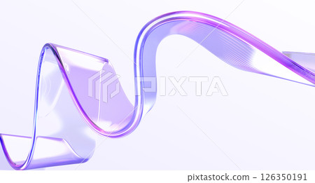 3d glass holographic liquid transparent ribbon wave line render. Abstract fluid gradient tape. Fluid flow curve shape with flare and motion effect in purple pink light hologram colors. 3D illustration 126350191