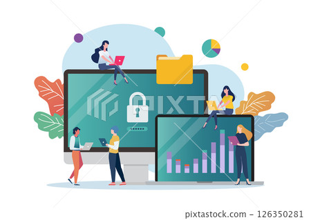 Scene of computer class with tiny people. 126350281