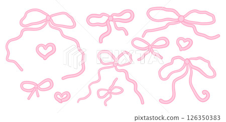 Hand drawn trendy pink girly vintage bow and hearts set. Bow for hair decor flat. Ribbons isolated. Trendy girls accessories. Cute hairstyle elements collection 126350383