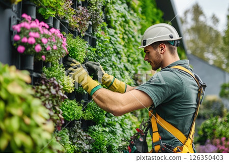 Gardener tending to vertical garden wall with vibrant flowers and lush greenery in outdoor setting Gardener tending to vertical garden wall with vibrant flowers and lush greenery in outdoor setting 126350403