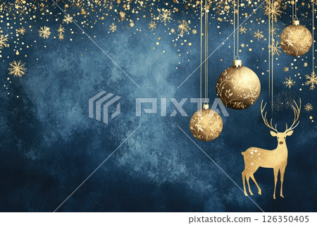 Festive illustration with golden ornaments and reindeer on a deep blue textured background Festive illustration with golden ornaments and reindeer on a deep blue textured background 126350405