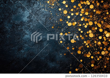 Golden confetti scattered on a dark textured background creating a festive atmosphere 126350410