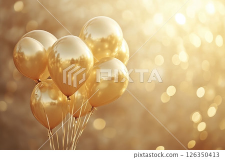 Golden balloons floating against a shimmering background, creating a festive and joyful atmosphere 126350413