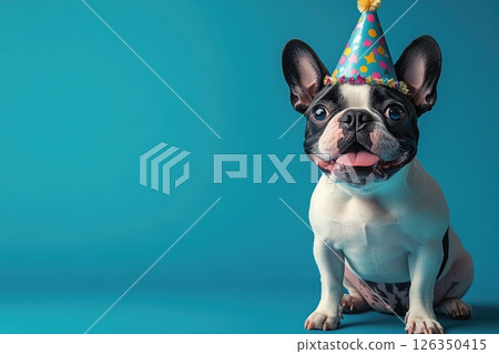 Playful French Bulldog wearing a colorful party hat against a bright blue background Playful French Bulldog wearing a colorful party hat against a bright blue background 126350415