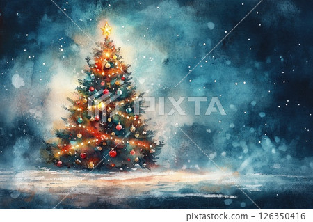 Festive Christmas tree illuminated with colorful lights in a snowy winter landscape 126350416