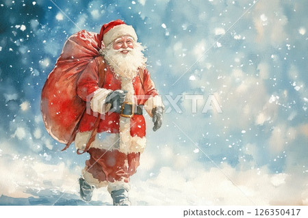 Santa Claus walking through snowy landscape with a large red sack of gifts on his back 126350417