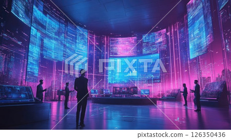 Futuristic digital control room with holographic displays and professionals analyzing data trends Futuristic digital control room with holographic displays and professionals analyzing data trends 126350436