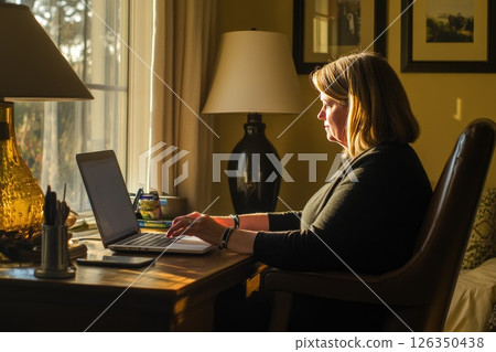 Woman working on laptop at home office desk with warm sunlight illuminating the scene 126350438