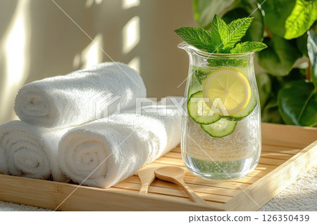 Refreshing beverage with lemon and cucumber slices in a glass pitcher beside rolled towels 126350439