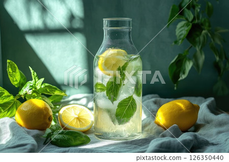 Refreshing beverage in a glass bottle with lemon slices and fresh basil leaves on a textured surface 126350440