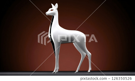A unique sculpture of a stylized white deer stands tall with its sleek design featuring black accents. The deer is set against a vibrant red backdrop, emphasizing its artistic form. 126350526