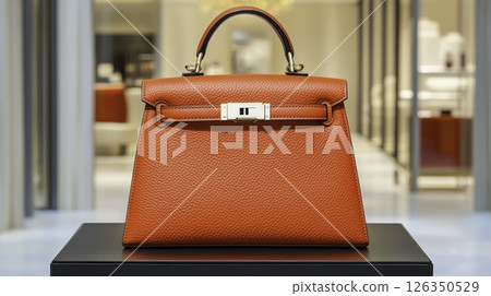 A striking red handbag is prominently displayed in a luxury boutique. The setting highlights the bag's detailed design and quality materials, emphasizing sophistication and style. 126350529