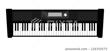 Electronic keyboard synthesizer top view. modern Musical keyboard instrument for playing classical and electronic music. Flat vector isolated on white background 126350575