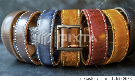 A vibrant collection of leather belts in various colors and styles showcases craftsmanship. The belts are arranged elegantly, highlighting their textures and quality for potential buyers. 126350678